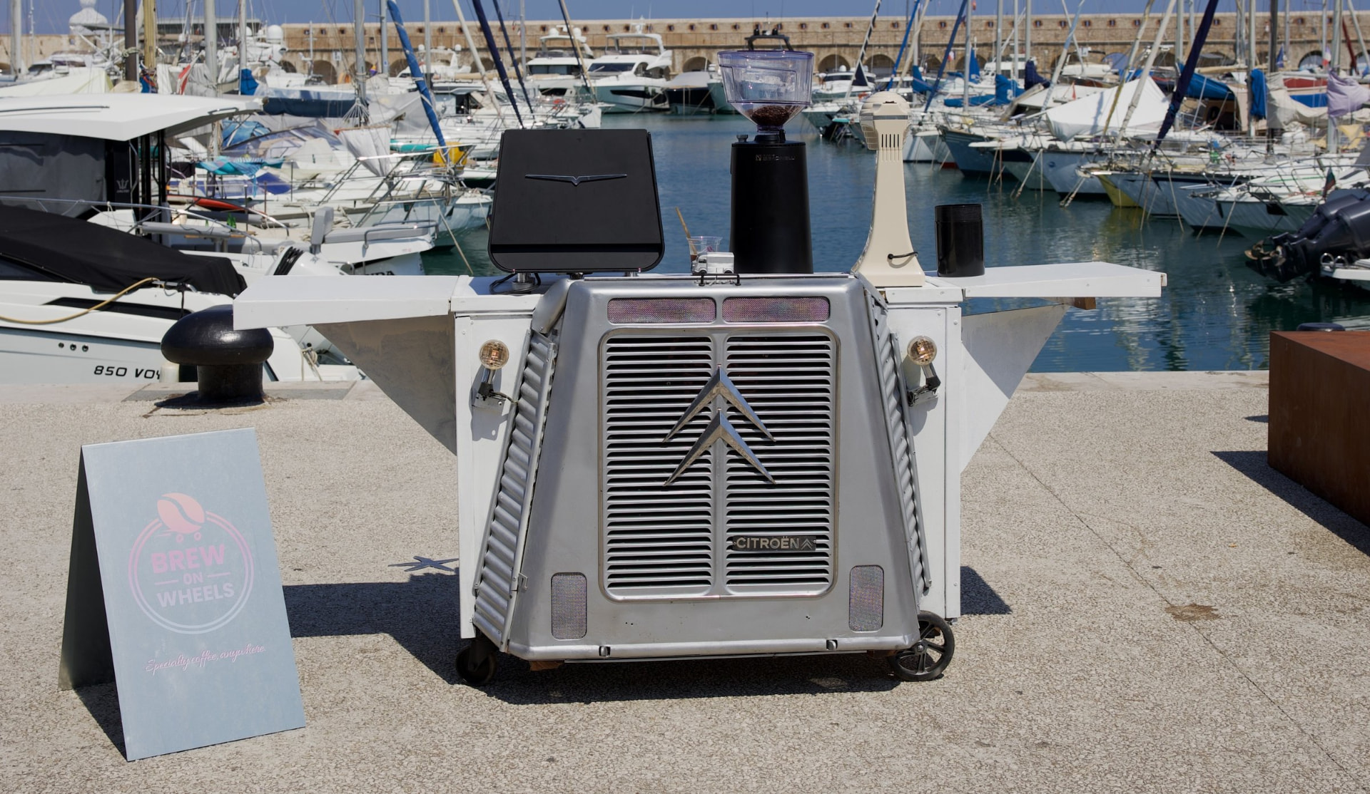 Brew on Wheels vintage-inspired coffee cart at a French Riviera marina